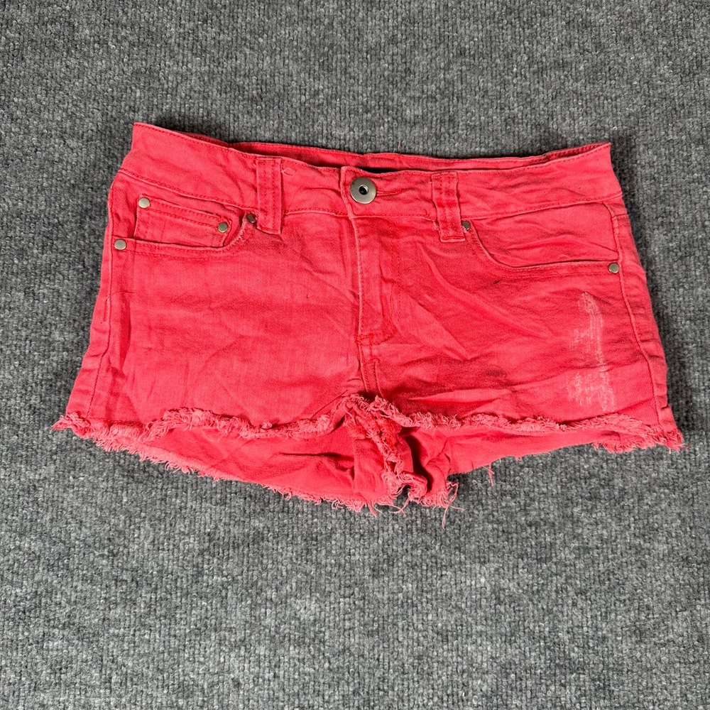 Forever 21 Denim Shorts Womens Size 27 Red Distressed Raw Hem Frayed Casual